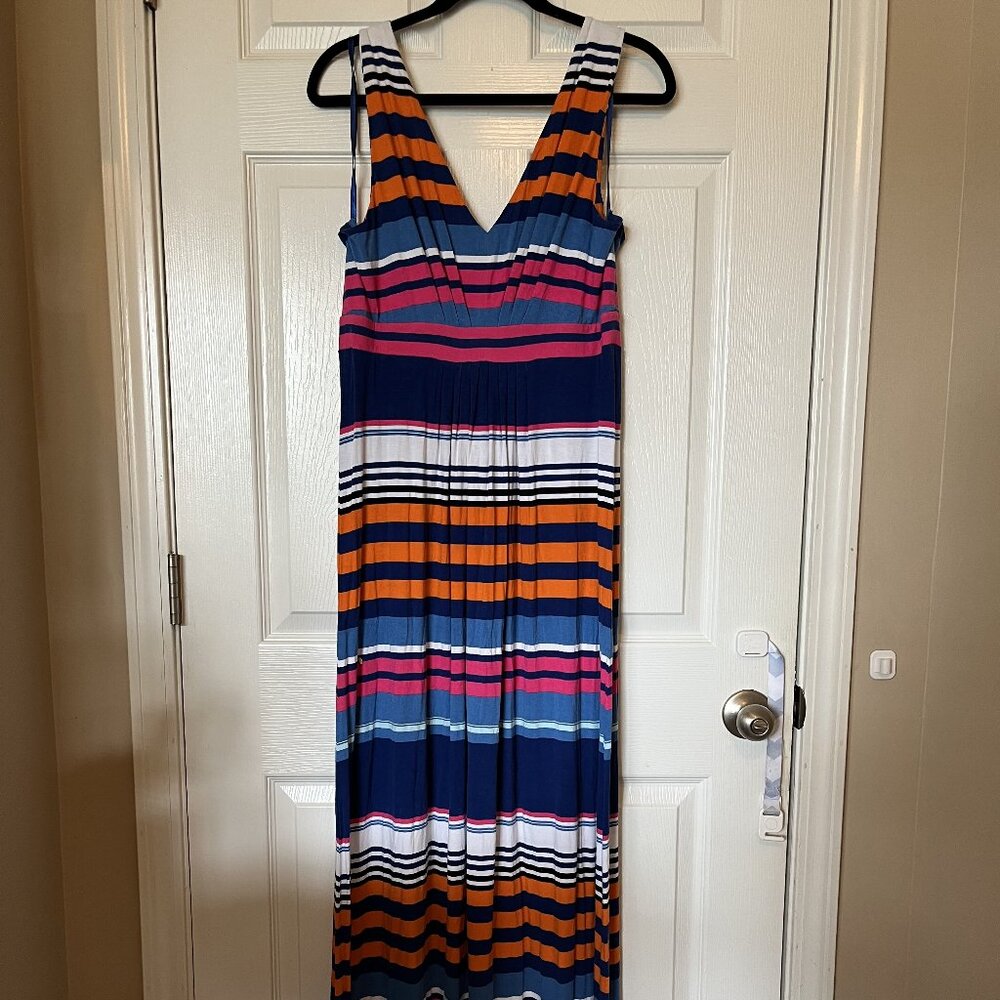 Banana Republic Dress Women Size Large Blue Pink Striped Sleeveless Maxi A Line